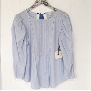 Hinge Pinstripe Long Sleeve Top with Pintuck Detail Blue and White